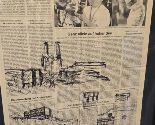 Erste Skizze des Hauses der Stille auf einer Tageszeitung